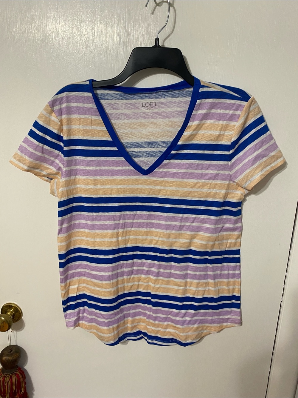 LOFT Striped Short Sleeve V-Neck Tee in Blue, Lavender & Cream